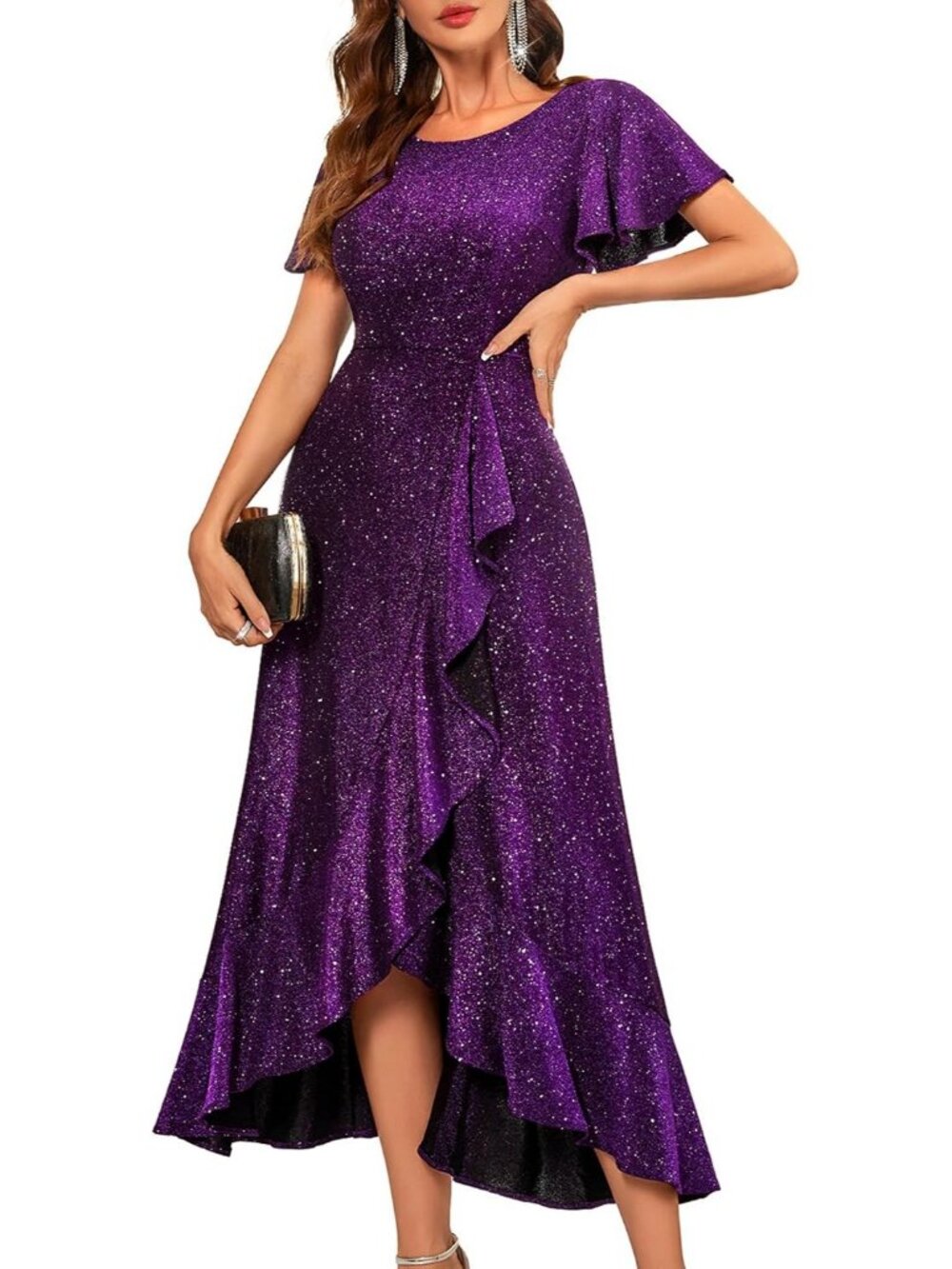 Women's Purple Sequin Bride Wedding Stunning Evening Gowns Formal Events Dresses